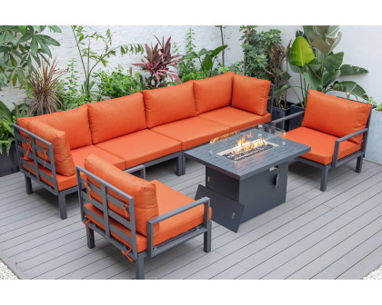 LeisureMod Hamilton 7-Piece Aluminum Patio Conversation Set with Fire Pit Table and Cushions - Orange