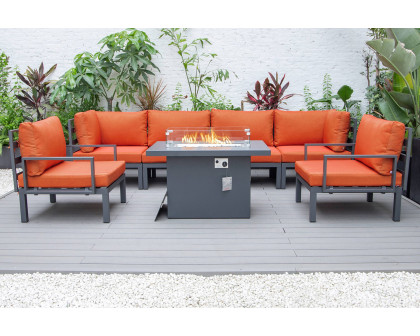 LeisureMod Hamilton 7-Piece Aluminum Patio Conversation Set with Fire Pit Table and Cushions - Orange