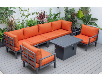 LeisureMod Hamilton 7-Piece Aluminum Patio Conversation Set with Fire Pit Table and Cushions - Orange