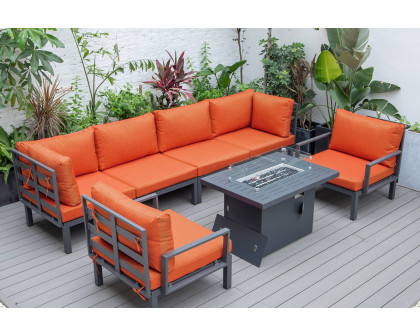 LeisureMod Hamilton 7-Piece Aluminum Patio Conversation Set with Fire Pit Table and Cushions - Orange