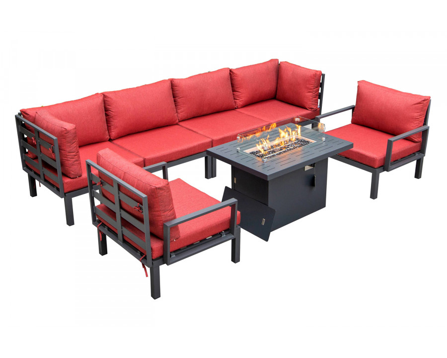 LeisureMod Hamilton 7-Piece Aluminum Patio Conversation Set with Fire Pit Table and Cushions - Red