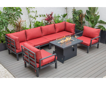 LeisureMod Hamilton 7-Piece Aluminum Patio Conversation Set with Fire Pit Table and Cushions - Red