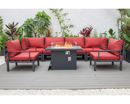 LeisureMod Hamilton 7-Piece Aluminum Patio Conversation Set with Fire Pit Table and Cushions - Red