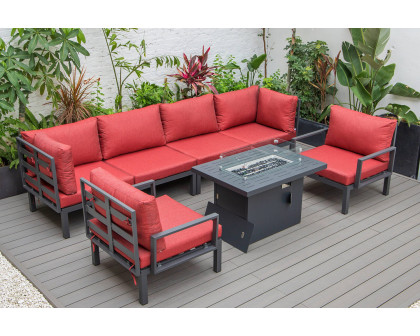 LeisureMod Hamilton 7-Piece Aluminum Patio Conversation Set with Fire Pit Table and Cushions - Red