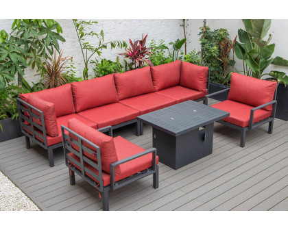 LeisureMod Hamilton 7-Piece Aluminum Patio Conversation Set with Fire Pit Table and Cushions - Red