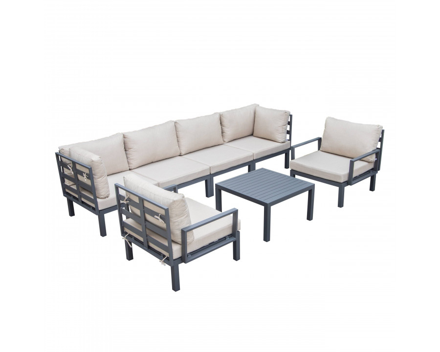 LeisureMod Hamilton 7-Piece Aluminum Patio Conversation Set with Coffee Table And Cushions - Beige