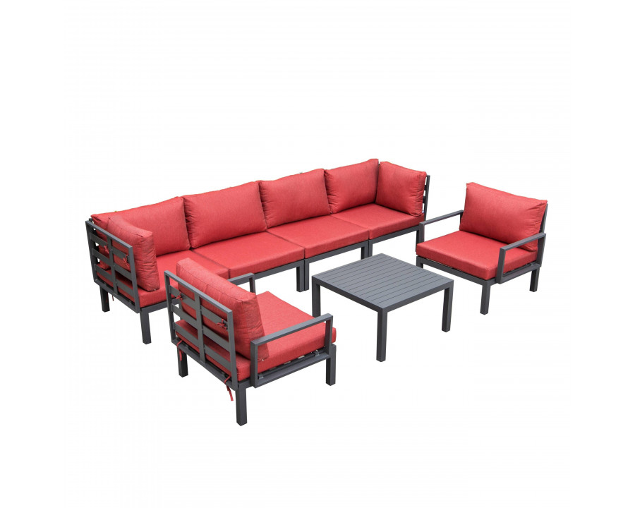 LeisureMod Hamilton 7-Piece Aluminum Patio Conversation Set with Coffee Table And Cushions - Red