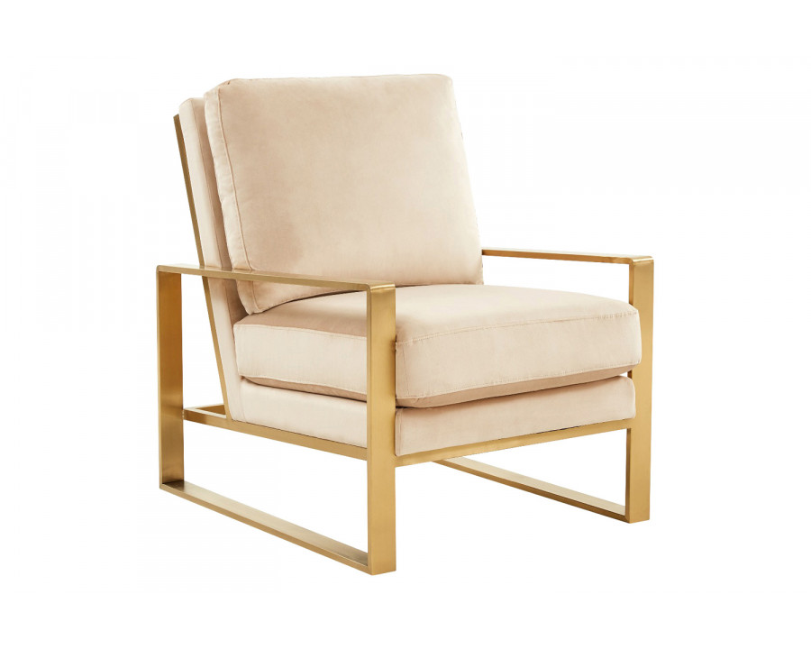 LeisureMod Jefferson Velvet Design Accent Armchair with Gold Brass Finish Frame - Beige