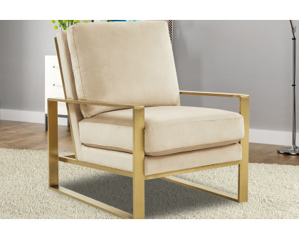 LeisureMod Jefferson Velvet Design Accent Armchair with Gold Brass Finish Frame - Beige