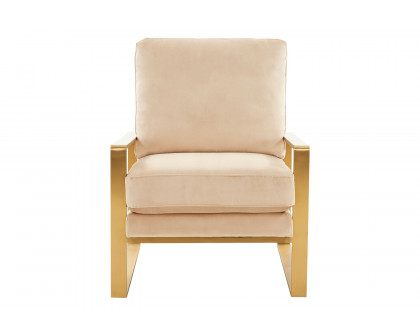 LeisureMod Jefferson Velvet Design Accent Armchair with Gold Brass Finish Frame - Beige