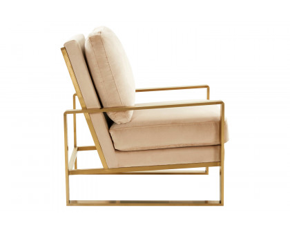 LeisureMod Jefferson Velvet Design Accent Armchair with Gold Brass Finish Frame - Beige