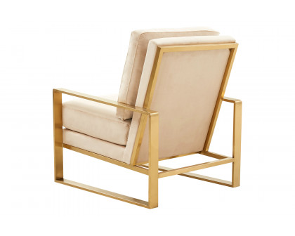 LeisureMod Jefferson Velvet Design Accent Armchair with Gold Brass Finish Frame - Beige