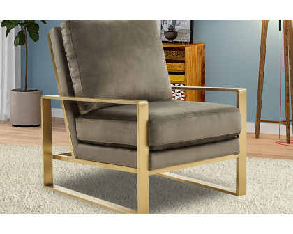 LeisureMod Jefferson Velvet Design Accent Armchair with Gold Brass Finish Frame - Dark Gray