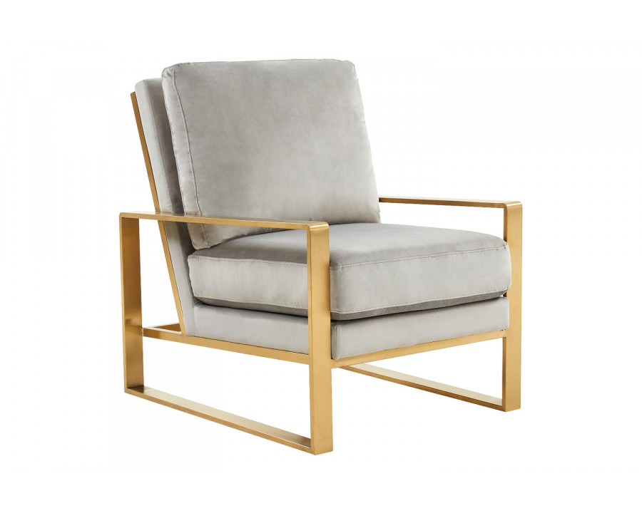 LeisureMod Jefferson Velvet Design Accent Armchair with Gold Brass Finish Frame - Light Gray