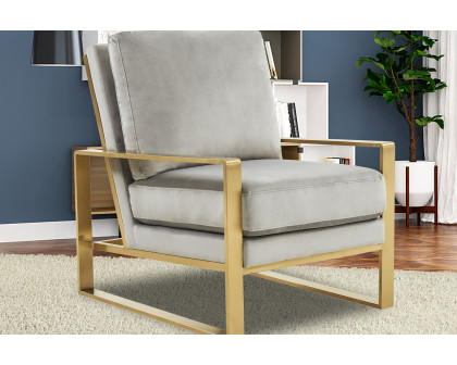 LeisureMod Jefferson Velvet Design Accent Armchair with Gold Brass Finish Frame - Light Gray