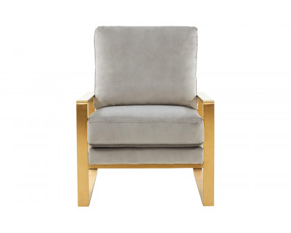 LeisureMod Jefferson Velvet Design Accent Armchair with Gold Brass Finish Frame - Light Gray