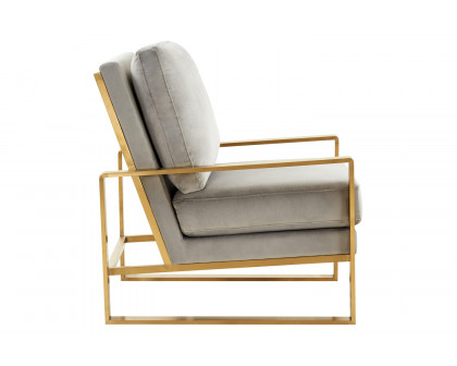 LeisureMod Jefferson Velvet Design Accent Armchair with Gold Brass Finish Frame - Light Gray