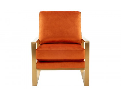 LeisureMod Jefferson Velvet Design Accent Armchair with Gold Brass Finish Frame - Orange