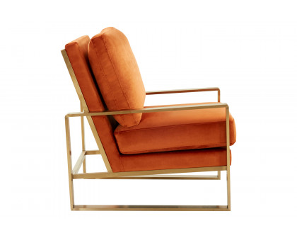 LeisureMod Jefferson Velvet Design Accent Armchair with Gold Brass Finish Frame - Orange