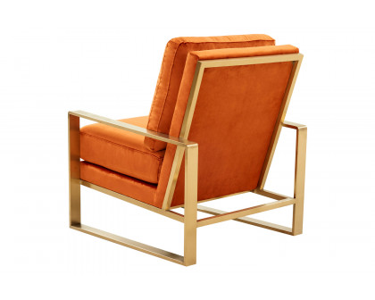 LeisureMod Jefferson Velvet Design Accent Armchair with Gold Brass Finish Frame - Orange