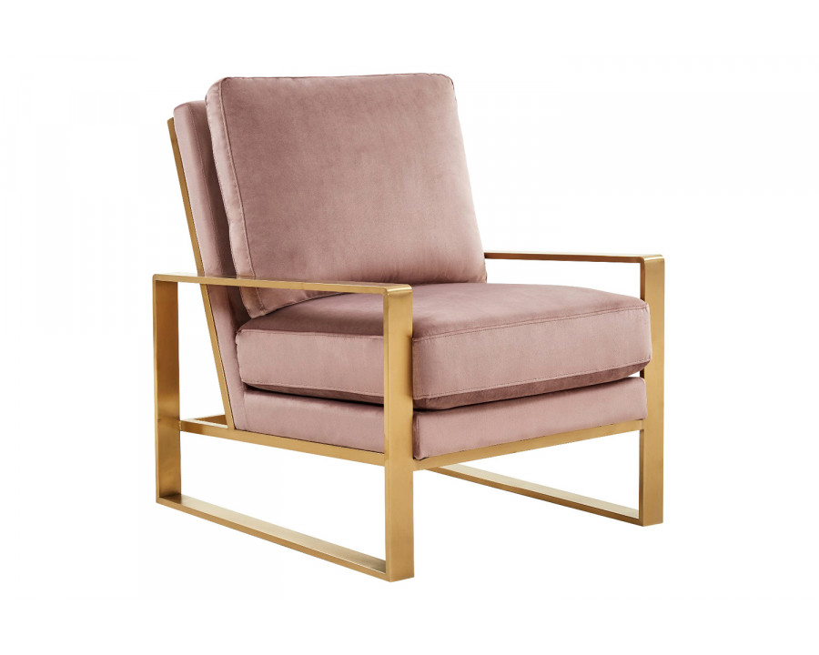 LeisureMod Jefferson Velvet Design Accent Armchair with Gold Brass Finish Frame - Pink