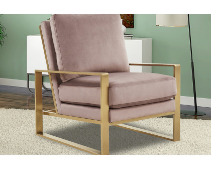 LeisureMod Jefferson Velvet Design Accent Armchair with Gold Brass Finish Frame - Pink