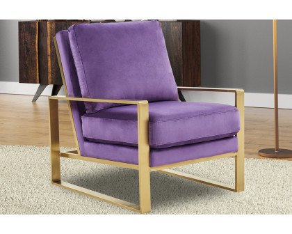 LeisureMod Jefferson Velvet Design Accent Armchair with Gold Brass Finish Frame - Purple