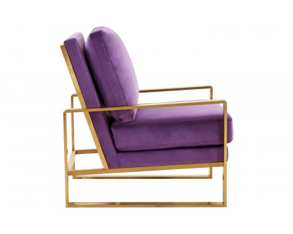 LeisureMod Jefferson Velvet Design Accent Armchair with Gold Brass Finish Frame - Purple