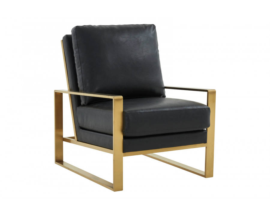 LeisureMod Jefferson Leather Modern Design Accent Armchair With Elegant Gold Frame - Black