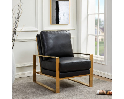 LeisureMod Jefferson Leather Modern Design Accent Armchair With Elegant Gold Frame - Black