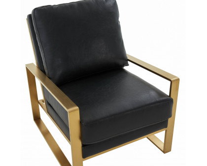 LeisureMod Jefferson Leather Modern Design Accent Armchair With Elegant Gold Frame - Black