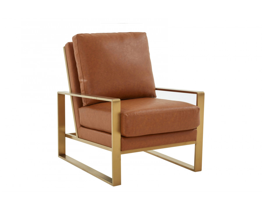 LeisureMod Jefferson Leather Modern Design Accent Armchair With Elegant Gold Frame - Cognac Tan