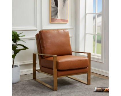 LeisureMod Jefferson Leather Modern Design Accent Armchair With Elegant Gold Frame - Cognac Tan