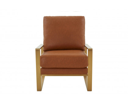 LeisureMod Jefferson Leather Modern Design Accent Armchair With Elegant Gold Frame - Cognac Tan