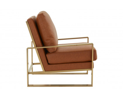 LeisureMod Jefferson Leather Modern Design Accent Armchair With Elegant Gold Frame - Cognac Tan