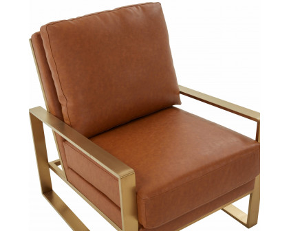 LeisureMod Jefferson Leather Modern Design Accent Armchair With Elegant Gold Frame - Cognac Tan