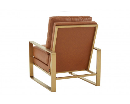 LeisureMod Jefferson Leather Modern Design Accent Armchair With Elegant Gold Frame - Cognac Tan