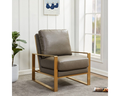 LeisureMod™ Jefferson Leather Modern Design Accent Armchair With Elegant Gold Frame - Gray