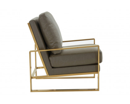 LeisureMod™ Jefferson Leather Modern Design Accent Armchair With Elegant Gold Frame - Gray