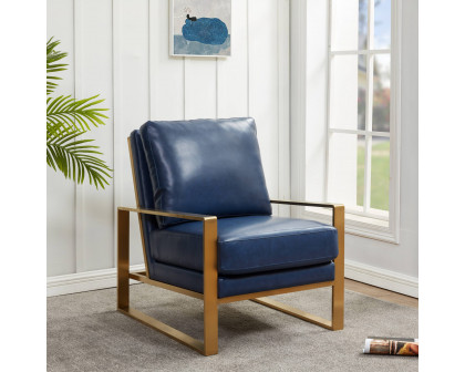 LeisureMod™ Jefferson Leather Modern Design Accent Armchair With Elegant Gold Frame - Navy Blue