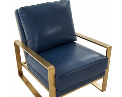 LeisureMod™ Jefferson Leather Modern Design Accent Armchair With Elegant Gold Frame - Navy Blue