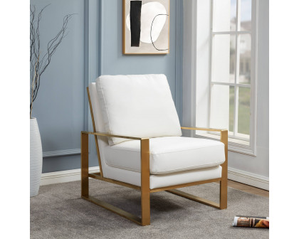 LeisureMod Jefferson Leather Modern Design Accent Armchair With Elegant Gold Frame - White