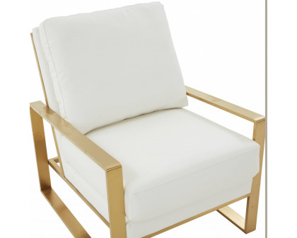 LeisureMod Jefferson Leather Modern Design Accent Armchair With Elegant Gold Frame - White