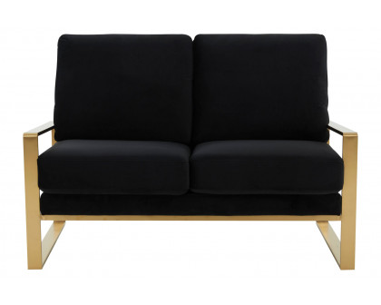 LeisureMod Jefferson Contemporary Modern Velvet Loveseat With Gold Frame - Black