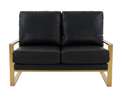 LeisureMod Jefferson Contemporary Modern Faux Leather Loveseat With Gold Frame - Black