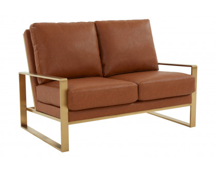 LeisureMod Jefferson Contemporary Modern Faux Leather Loveseat With Gold Frame