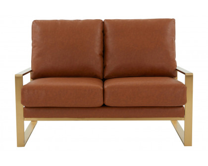 LeisureMod Jefferson Contemporary Modern Faux Leather Loveseat With Gold Frame - Cognac Tan