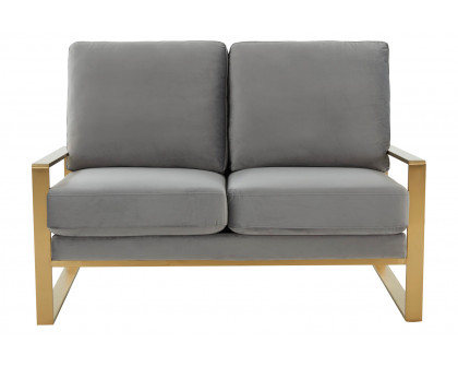 LeisureMod Jefferson Contemporary Modern Velvet Loveseat With Gold Frame - Light Gray