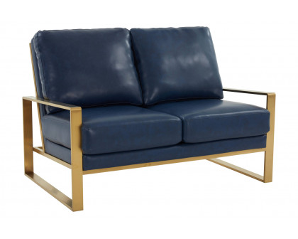 LeisureMod Jefferson Contemporary Modern Faux Leather Loveseat With Gold Frame