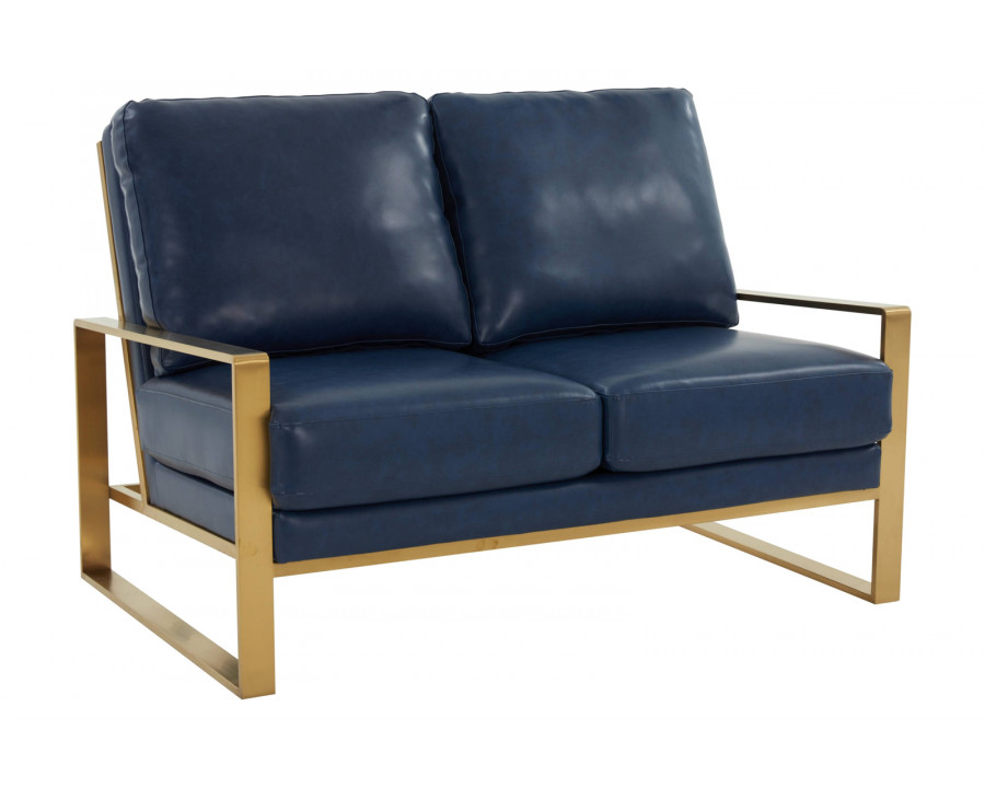 LeisureMod Jefferson Contemporary Modern Faux Leather Loveseat With Gold Frame - Navy Blue